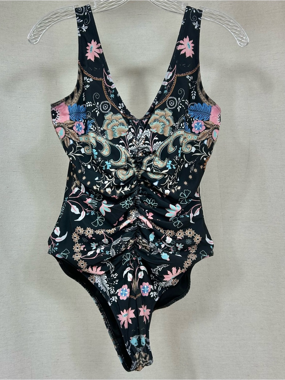Hale Bob Black Floral One-Piece Swimsuit with Pink Tan & blue Accents